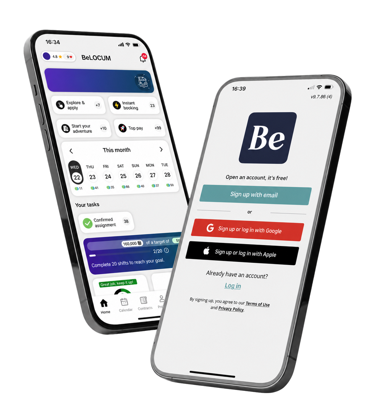 BeLOCUM app screens: dashboard and sign-up